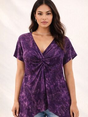 Y2K Paisley Ruched Slinky Hanky Hem Top Sparkle Purple Sz XXL